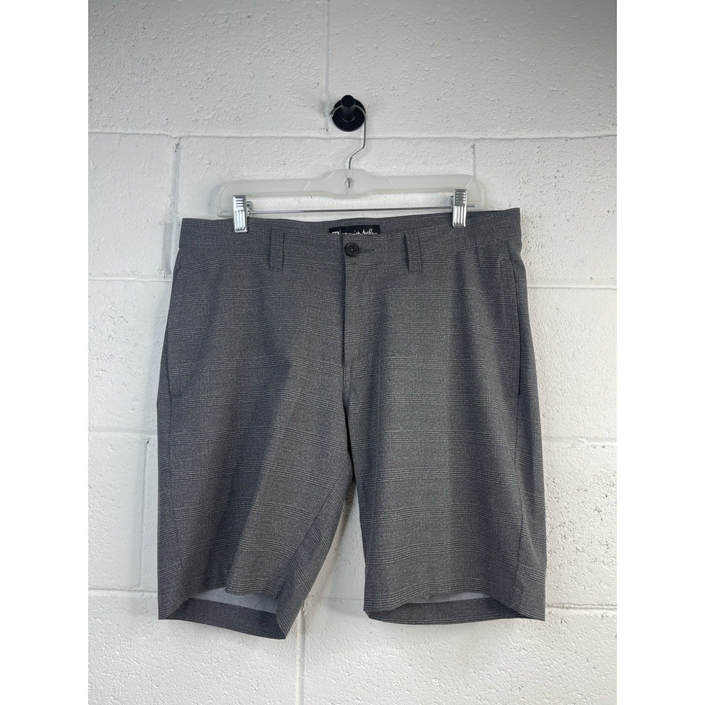 Travis Mathew Checked Chino Shorts Gray Stretch Polyester Cotton Spandex Sz 34